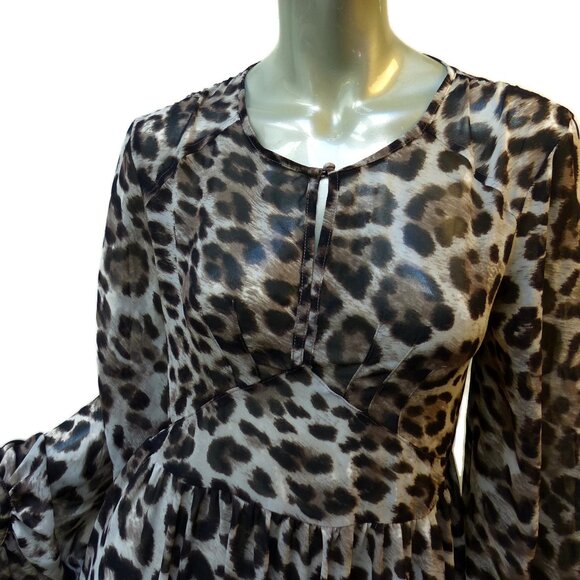 FATE Sheer Leopard Print Tiered Dress Small Empire Basque Waist Boho Goth Fitted - Picture 3 of 8